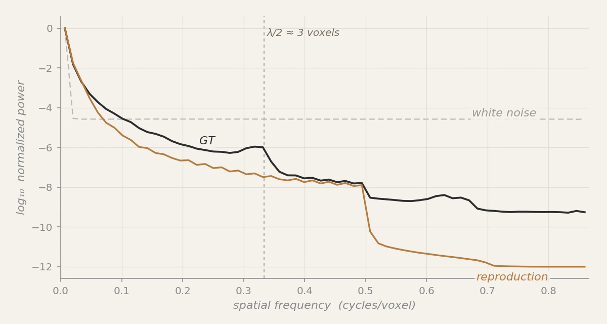 Radial 3D power spectra of pressure-amplitude on a held-out subject: GT vs reproduction.